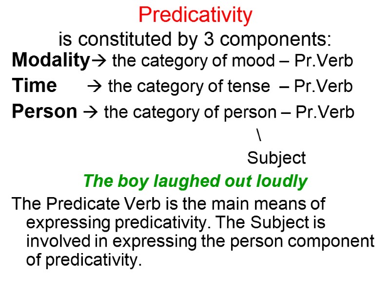 Predicativity  is constituted by 3 components: Modality the category of mood – Pr.Verb